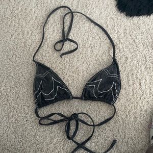 Women’s navy blue jean print True Religion string bikini top sz S